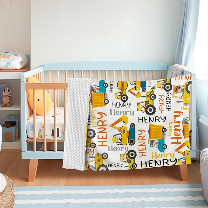 Personalized Baby Blankets for Boys, Custom Name Blanket Birthday Gift for Kid, Soft Flannel Blanket with Dotted Backing for Infants Toddlers, Customized Gifts, Yellow Truck(30”x40)