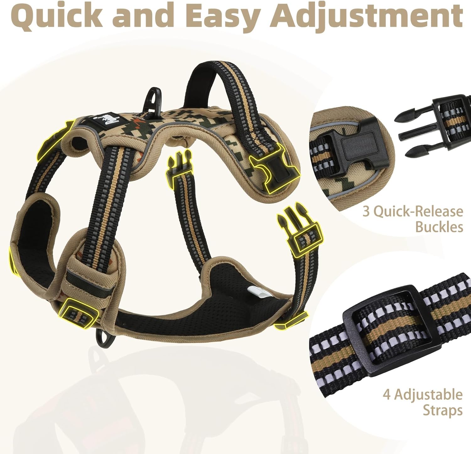 PUPTECK No Pull Dog Harness Medium Sized, Adjustable Reflective Dog Harness with Handle Easy Control, Comfortable Soft Padded Pet Vest Harness for Medium Dogs, Camouflage M