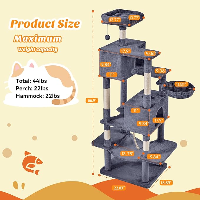 Large Cat Tree 66 Inch, Sisal Scratching Posts and Hammock, Pet Play House - Image 2