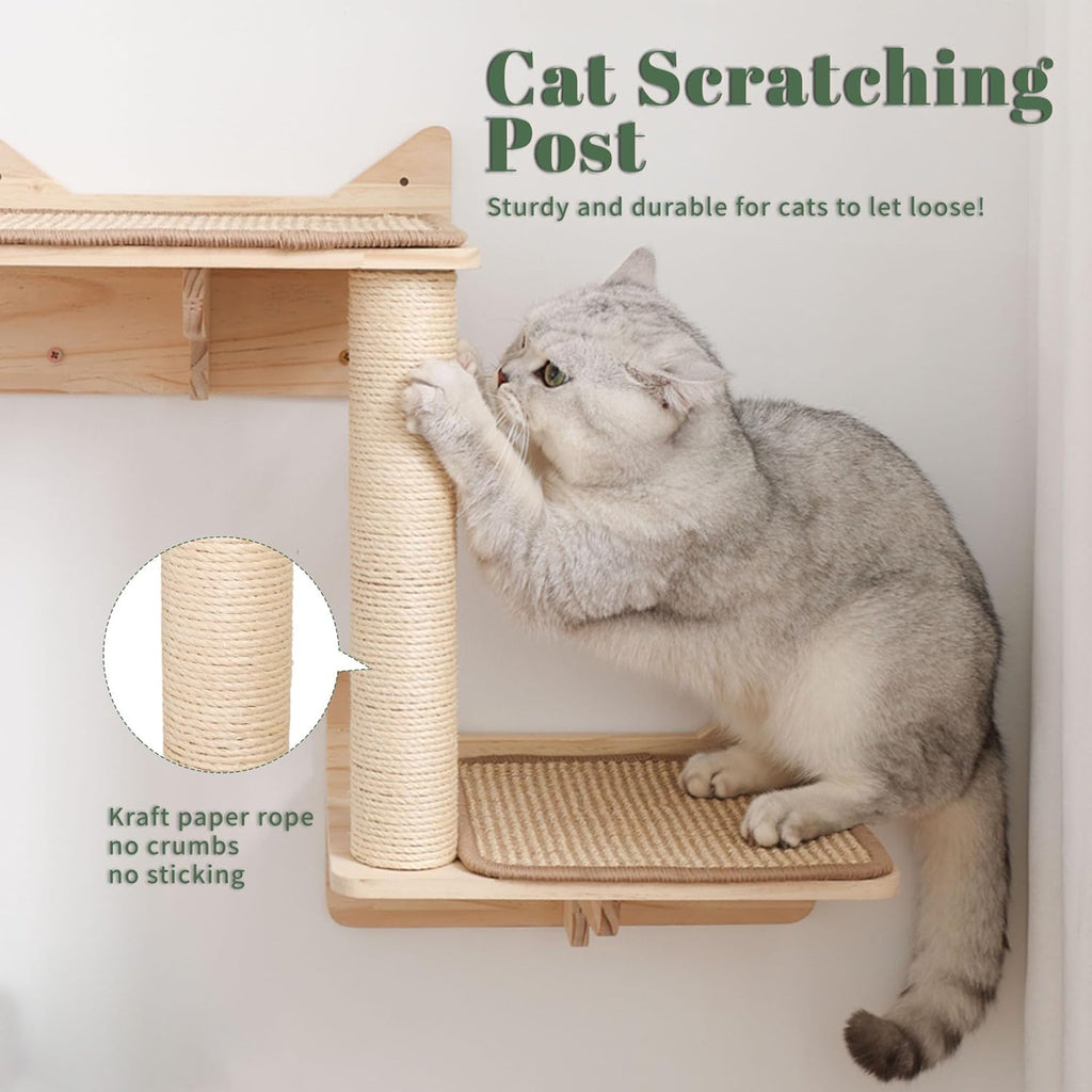 KVIDA Cat Wall Shelves Set – 5PCS Extra-Large Wall Mounted Cat Furniture with 2 Platforms, Sisal Scratching Post & Cat House – Solid Wood Climbing Wall for Large Indoor Cats