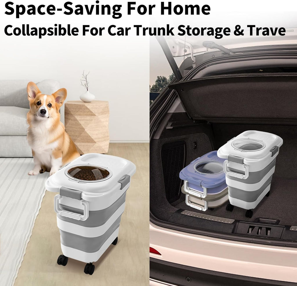 25 Lbs Dog Food Storage Container, Collapsible Dog Food Container with Scoop for Pet/Dog/Cat/Bird Food,Keep Dry Food Fresh,Easy to Move (White)