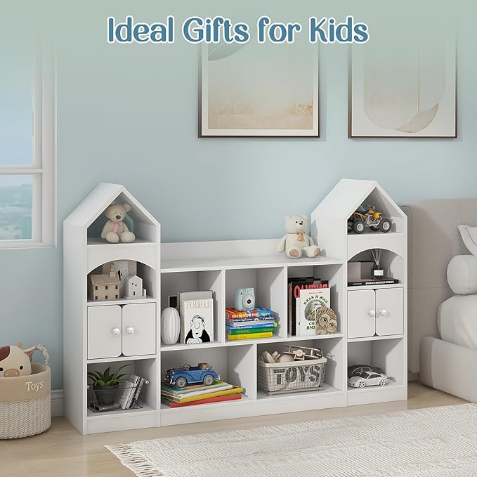 Vabches Kids Bookcase and Toy Storage Cabinet, Children Bookshelf, Castle Shape, Playroom Furniture Multipurpose Shelf for Toddlers to Organize Toys and Books Magic Castle, Cool White