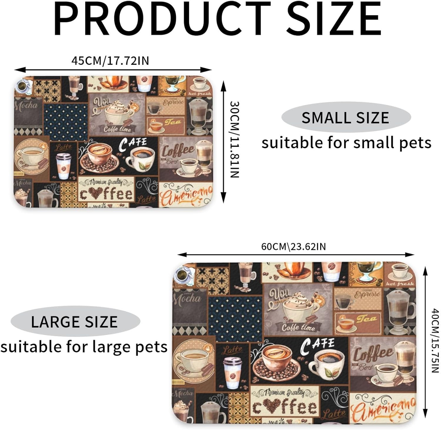 Boho Coffee Dog Food Mat Absorbent Bowl Mats No Stains Quick Dry Waterproof Pet Cat Placemats for Food and Water, 30x45cm