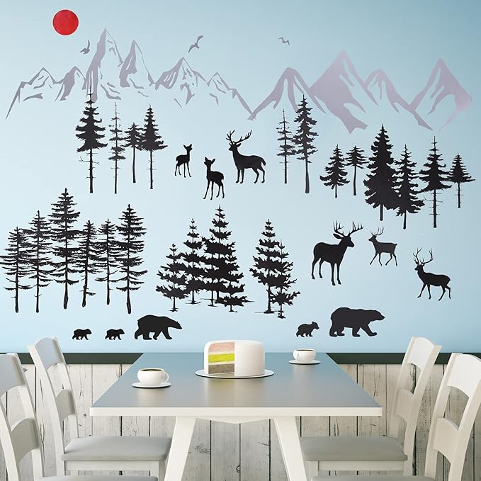 Outus 3 Sheets Mountain Forest Bear Wall Decals Stickers Pine Tree Wall Decals Trees Wall Stickers Deer Forest Decals for Kids Nursery Bedroom Living Room Decor,11.8 x 35.4 Inches