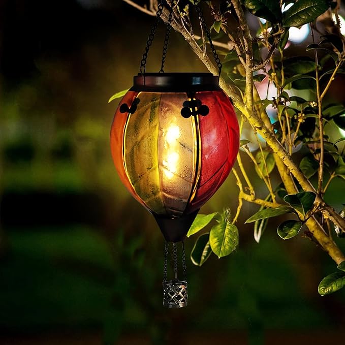Glass Solar Hot Air Balloon Lantern with Flame Hanging Garden Flickering Light Outdoor Waterproof for Yard Patio Tree Mother's Day Gift, Colorful