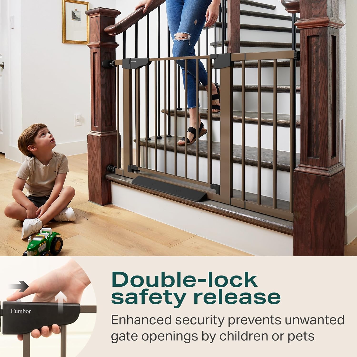 Cumbor 29.7-46" Baby Gate for Stairs, Mom's Choice Awards Winner-Auto Close Dog Gate for the House, Easy Install Pressure Mounted Pet Gates for Doorways, Easy Walk Thru Wide Safety Gate for Dog, Brown