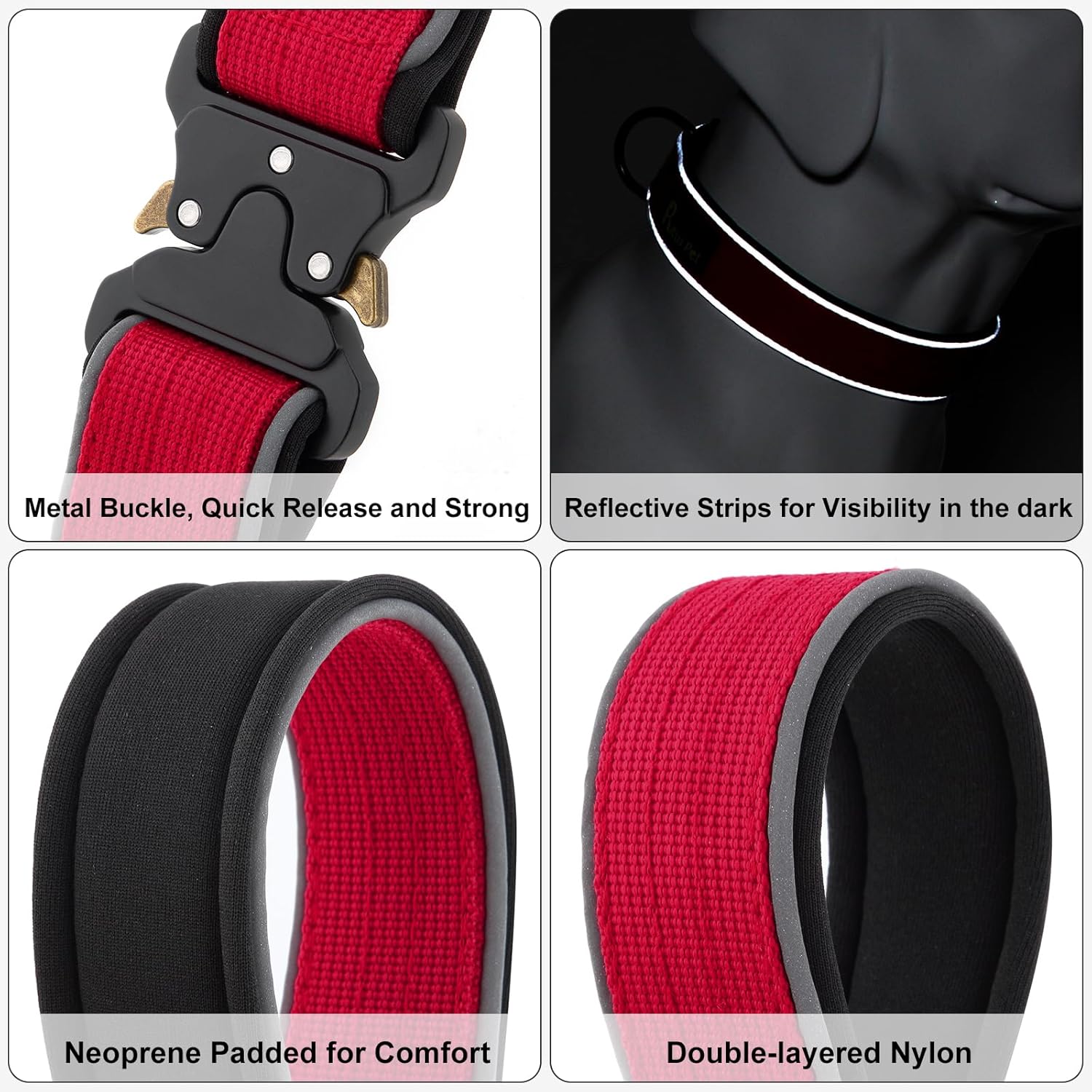 Plutus Pet Tactical Dog Collar, Reflective, Adjustable Heavy Duty Dog Collar, Soft Padded and Comfortable, for Small Medium and Large Dogs (Red, L)