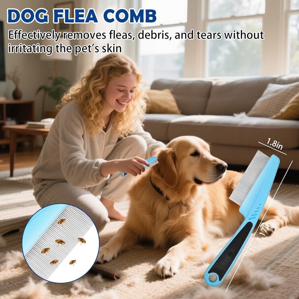 Dog Grooming Brush Set – 5-Piece Kit for Medium & Long-Haired Dogs | Includes Long Pin Brush, Flea Comb, Bath Glove, Silicone Glove, Metal Comb | For Poodles, Huskies & More (Blue)