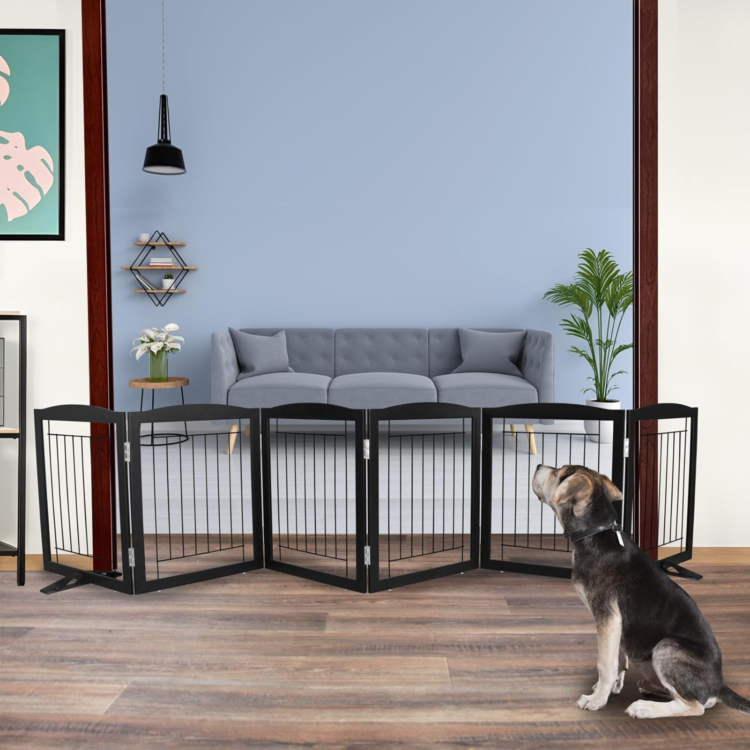 ZJSF Freestanding Dog Fence Indoor, Foldable Dog Gate for Doorways, Stairs or Hallways, Sturdy Wood Extra Wide Pet Gate with Support Feet for The House, Black, 24 "Height-6 Panels