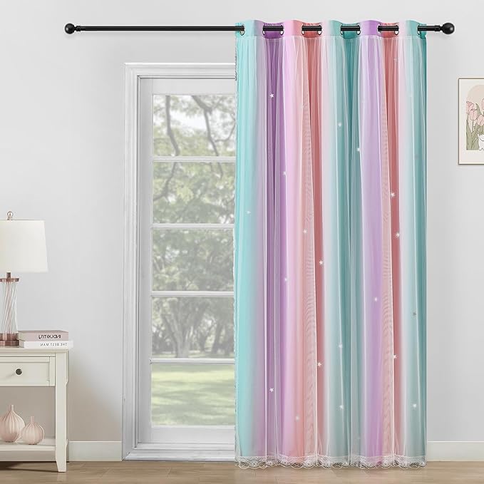 XiDi Extra Wide Curtains 84 Inches Long for Girls Bedroom Sliding Glass Door Kids Blackout Curtains for Nursery Room Darkening Rainbow Princess Unicorn 1 Panel 70 Inch Wide Pink Purple Green 70W x84L