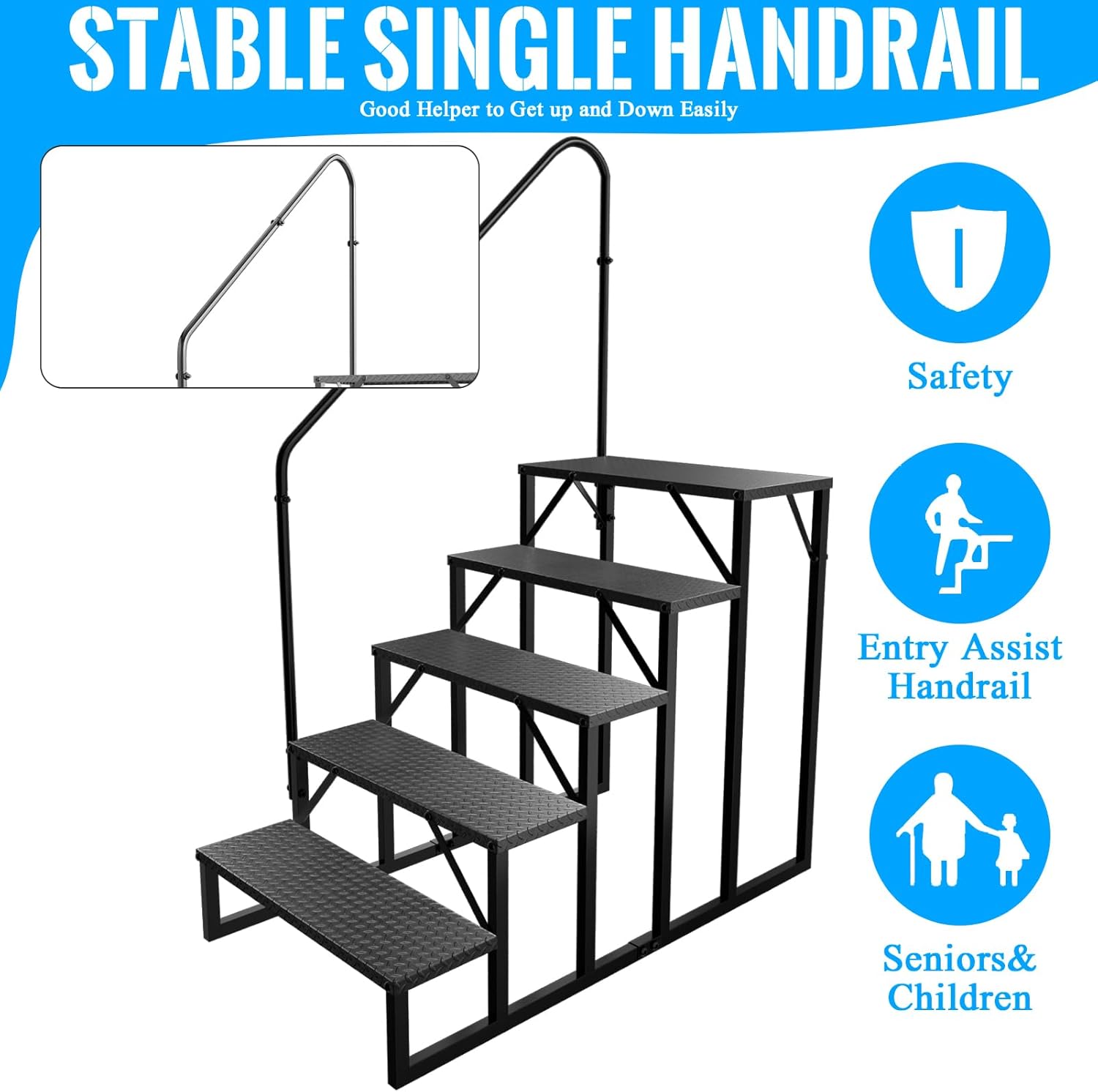 RV Stairs 5 Step, RV Steps Anti-Slip, Hot Tub Steps with Handrail, 660 lbs Hot Tub Steps Step Ladder for 5th Wheel RV, Mobile Home Stairs, REL-0402