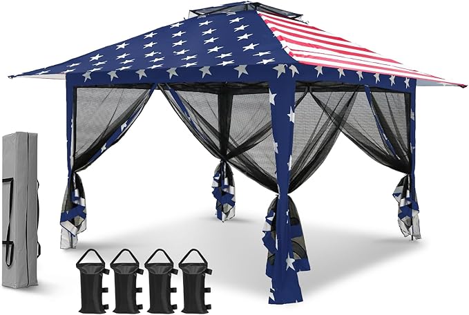 EAGLE PEAK 13x13 Pop Up Gazebo with Mesh Netting, Easy Up Screened Canopy for Patio and Backyard, Easy Set up Outdoor Gazebo (American Flag)