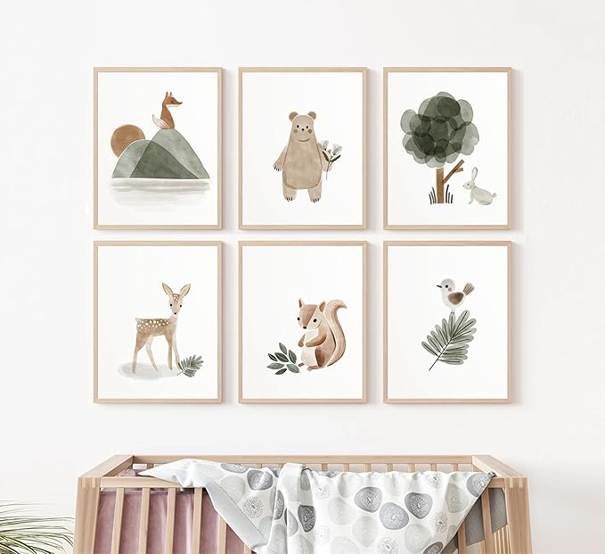 6 Pieces Woodland Nursery Canvas Wall Art Neutral Sage Green Bohemian Minimalist Forest Animals Paintings Pictures Wall Decor Poster Print Artwork For Kids Room Baby Room Boys Girls Bedroom Frameless