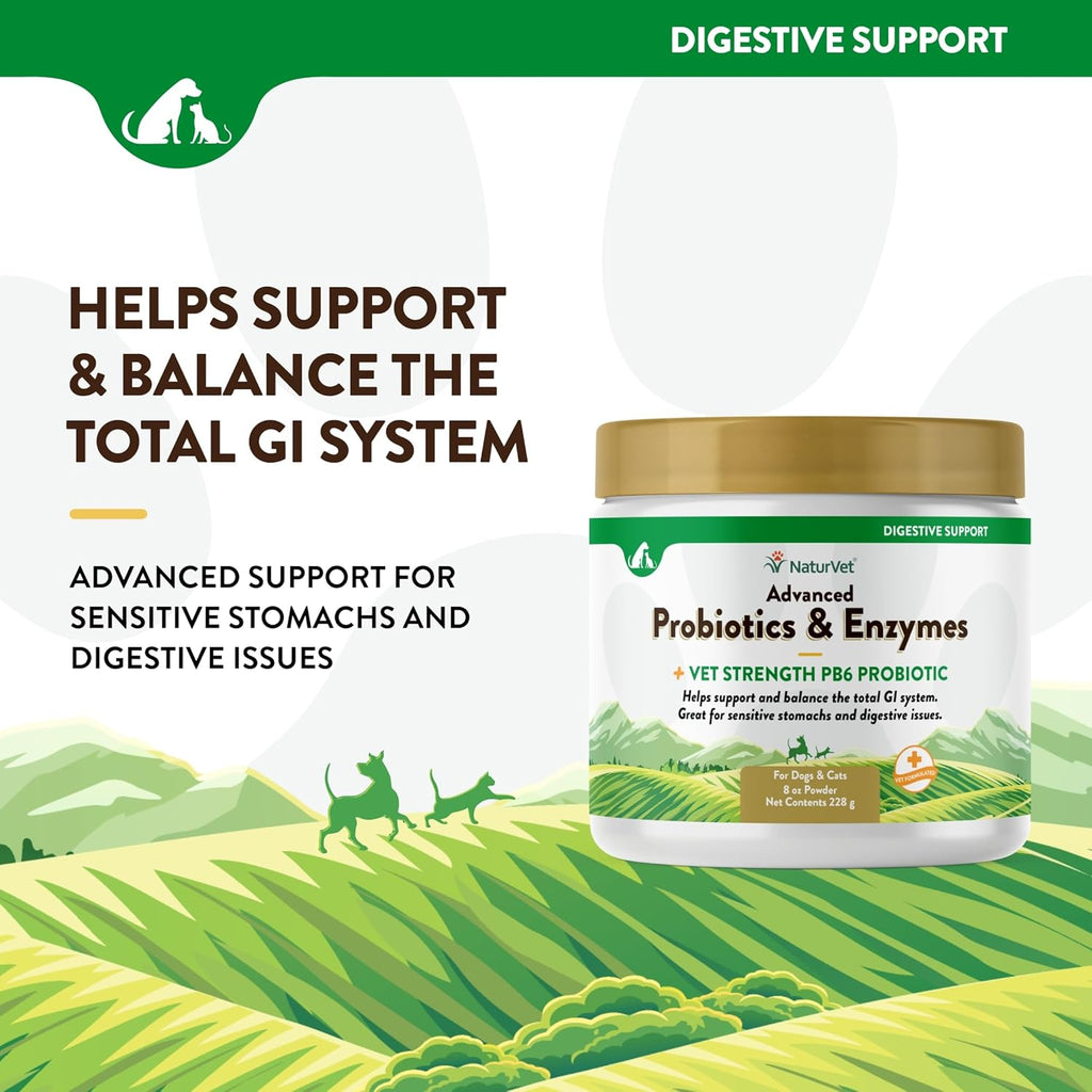 NaturVet – Advanced Probiotics & Enzymes - Plus Vet Strength PB6 Probiotic | Supports and Balances Pets with Sensitive Stomachs & Digestive Issues | for Dogs & Cats (8 oz)