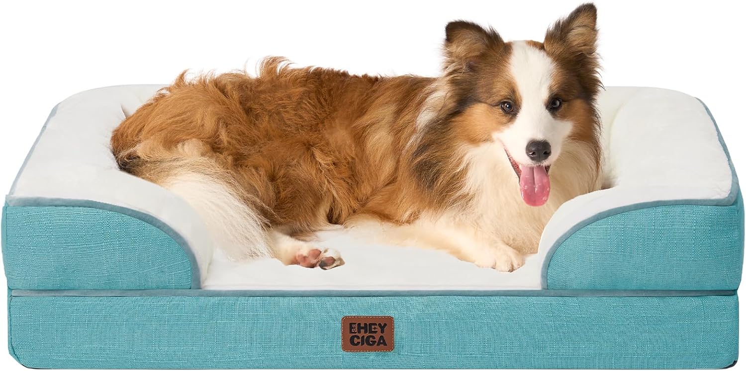 EHEYCIGA Orthopedic Dog Beds for Large Dogs, Waterproof Memory Foam Large Dog Bed with Sides, Non-Slip Bottom and Egg-Crate Foam Pet Couch Bed with Washable Removable Cover, Turquoise Blue