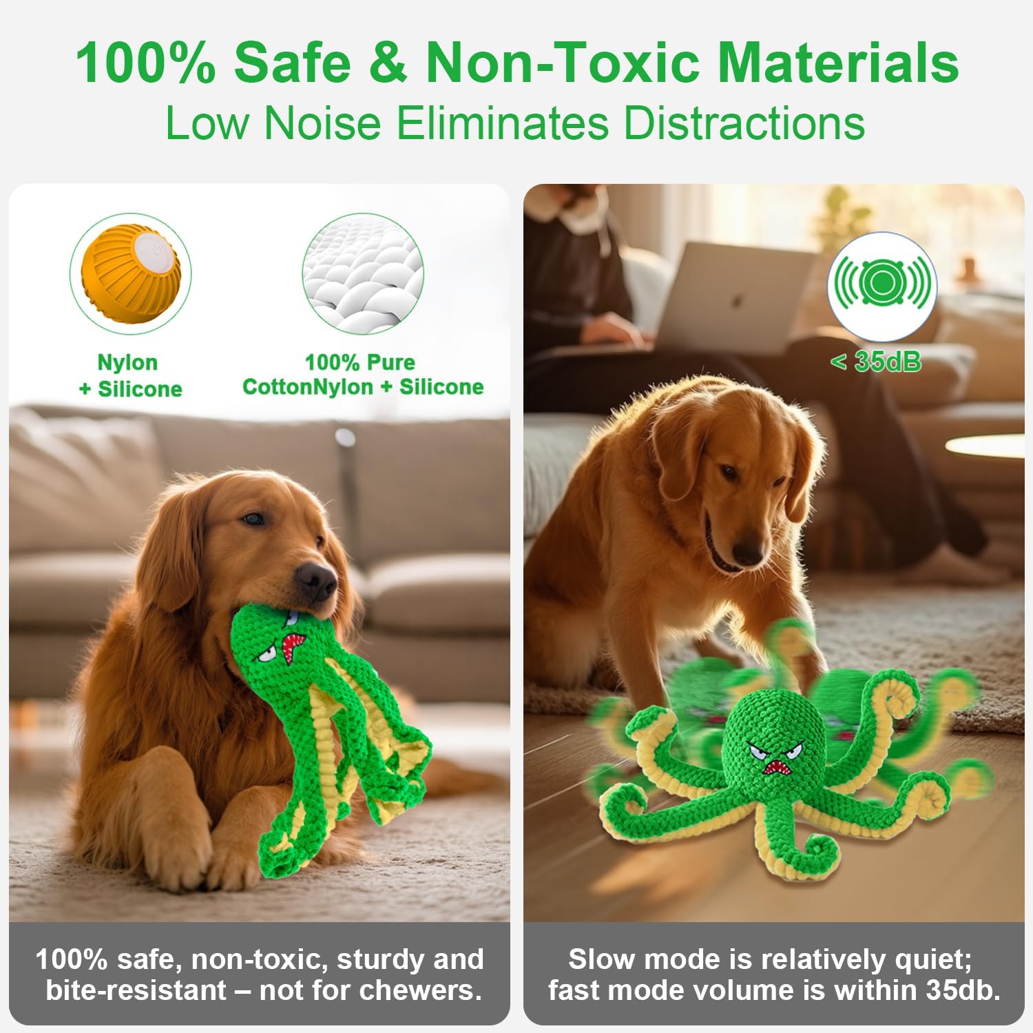Interactive Dog Toys Octopus,Durable Automatic Jumping Dog Toy to Keep Them Busy,Squeaky Moving Tug of War Doggie Toy,USB Rechargeable Puppy Toys (Green)