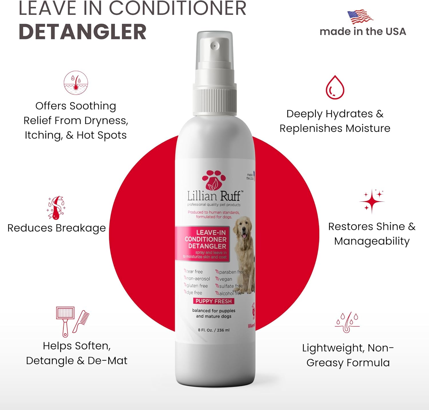 Lillian Ruff Leave-in Dog Conditioner & Detangler Spray - pH Balanced After-Bath No Rinse Dog Conditioning Spray - Silky Shine Spray for Dry Skin, Itch Relief, Detangling & Dematting (8oz/Brush)