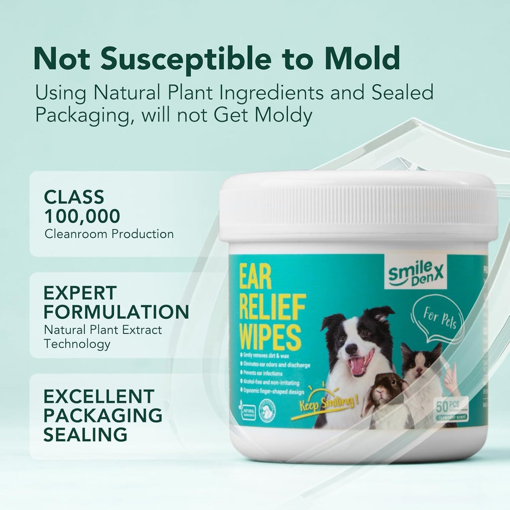 Dog Ear Cleaner Wipes - Dog Ear Infection Treatment Fast Relief from Ear Itching and Inflammation, Cat Ear Wipes Gently Remove Ear Wax Debris and Smelly (50 Pcs, Lavender)