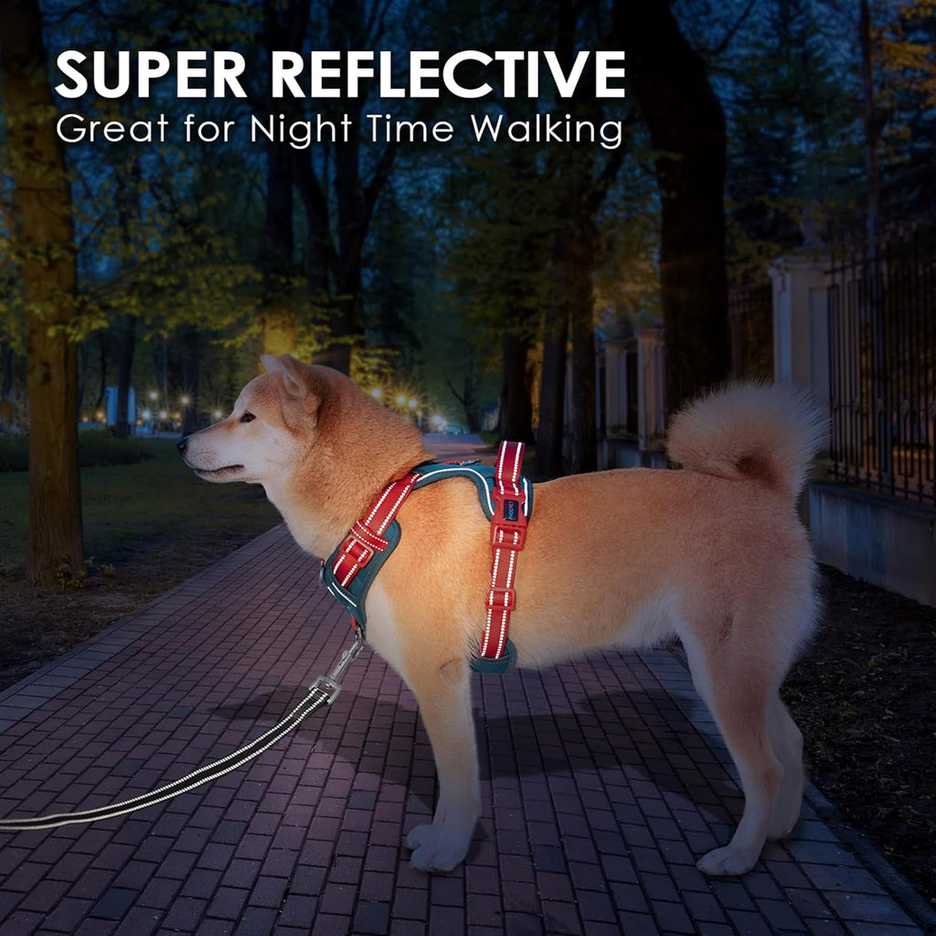 PHOEPET No Pull Dog Harness, Unique Colors Reflective Adjustable Dog Vest, with Soft Training Handle Metal Clips for Small Medium Large Dogs (Teal Base & Red Straps,L)