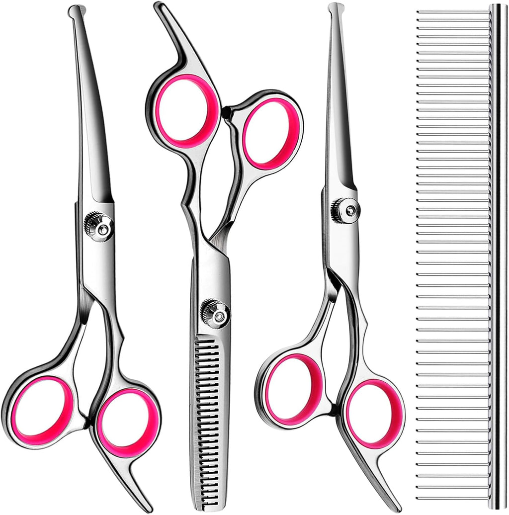 Professional Dog Grooming Scissors Kit, Titanium Coated Dog Scissors for Grooming, Grooming Shears Kit for Dogs Cat At Home (Pink 5 in 1)
