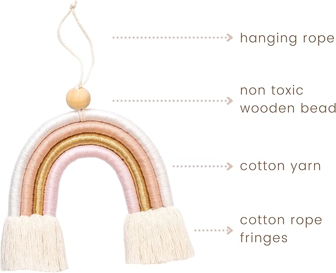 Mila Millie Macrame Wall Hanging | Handmade Woven Tassel Ornament for Home or Nursery Baby Kids Room Decor | Boho Nordic Scandinavian Style (Pink Gold)