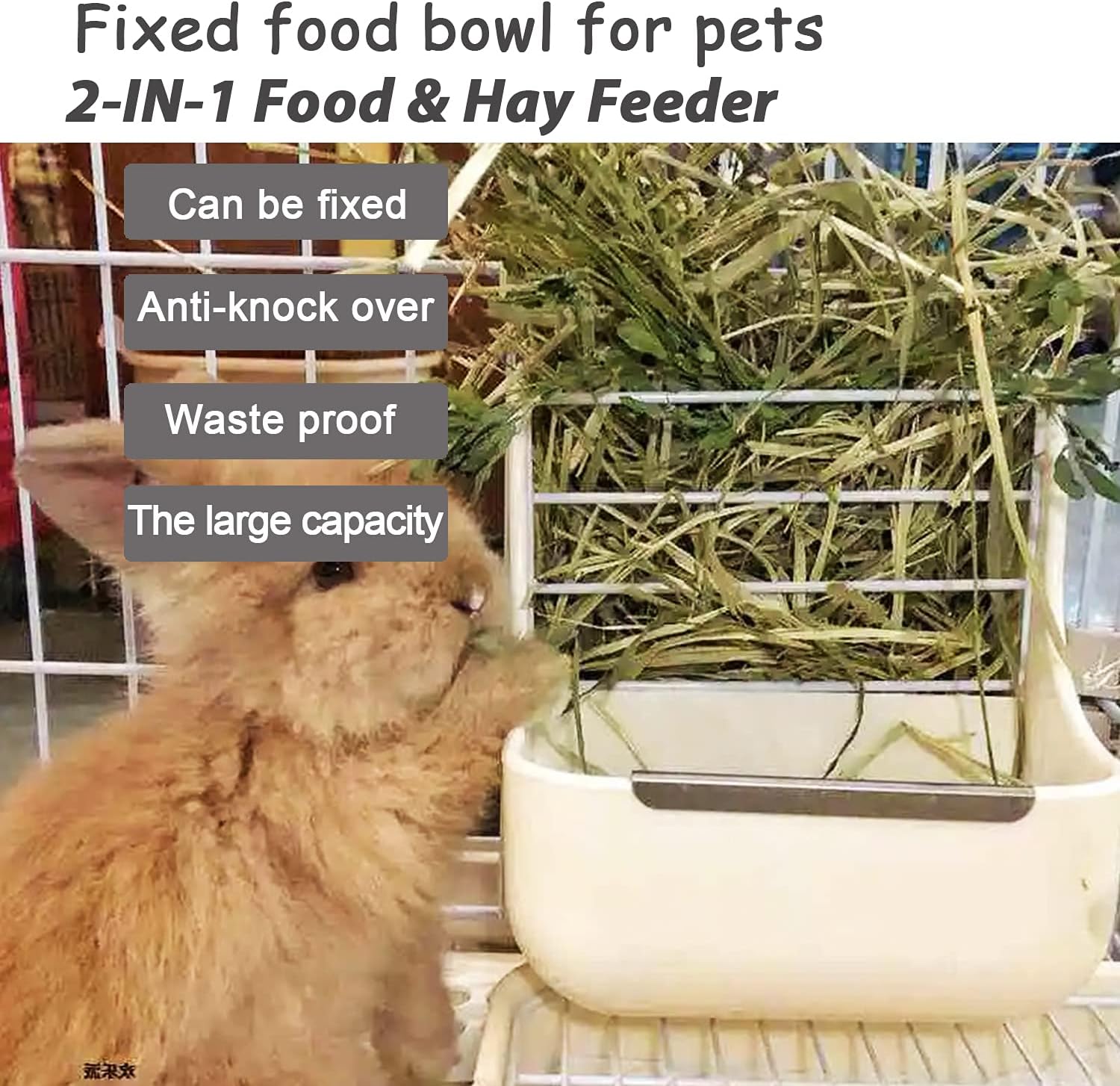 HERCOCCI Rabbit Hay Food Bin Feeder and Bunny Water Bottle Set, Hay Food Feeder Bowls Manger Rack with 500ml Hanging Water Dispenser Prevent Knock Over for Rabbit Guinea Pig Chinchilla (Large, White)