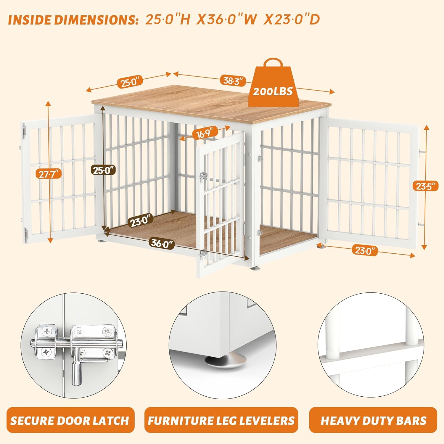 38 Inch Heavy Duty Dog Crate Furniture for Large and Medium Dogs, Decorative Pet House End Table, Wooden Cage Kennel Furniture Indoor, Natural and White