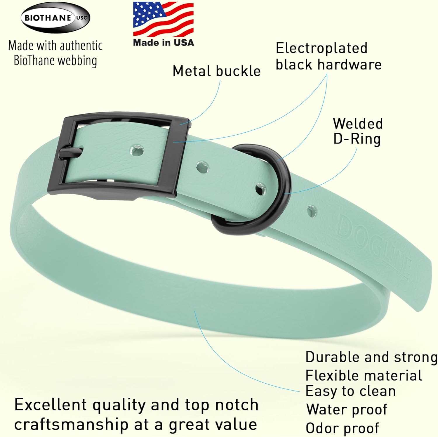 Dogline Biothane Waterproof Dog Collar Strong Coated Nylon Webbing with Black Hardware Odor- Proof for Easy Care Easy to Clean High Performance Fits Small Medium or Large Dogs, Sage Green