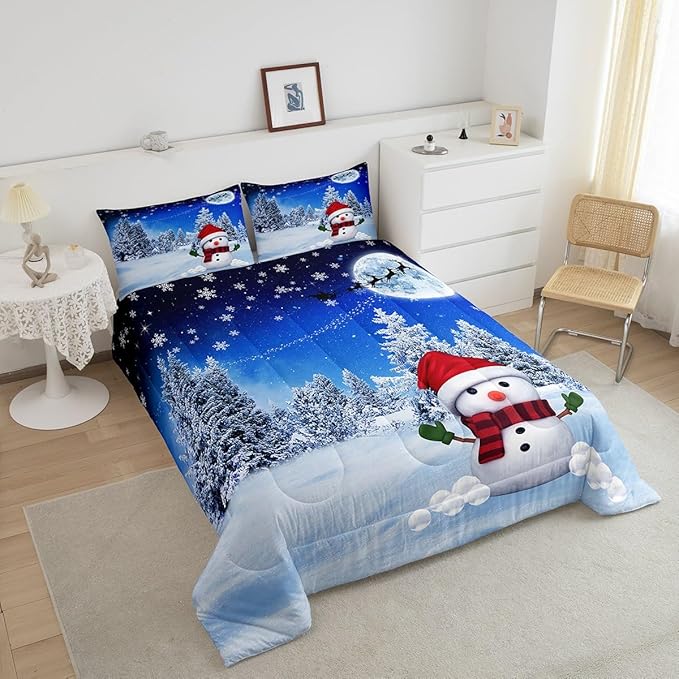 Feelyou Christmas Comforter Set Snowman Decorations Bedding Set for Kids Boys Girls Xmas Winter Decor Blue Quilt Room 3Pcs Queen Size