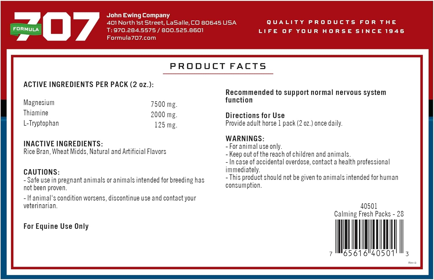 Formula 707 Calming Equine Supplement, Daily Fresh Packs – Anxiety Relief and Enhanced Focus for Horses – L-Tryptophan, Thiamine & Magnesium