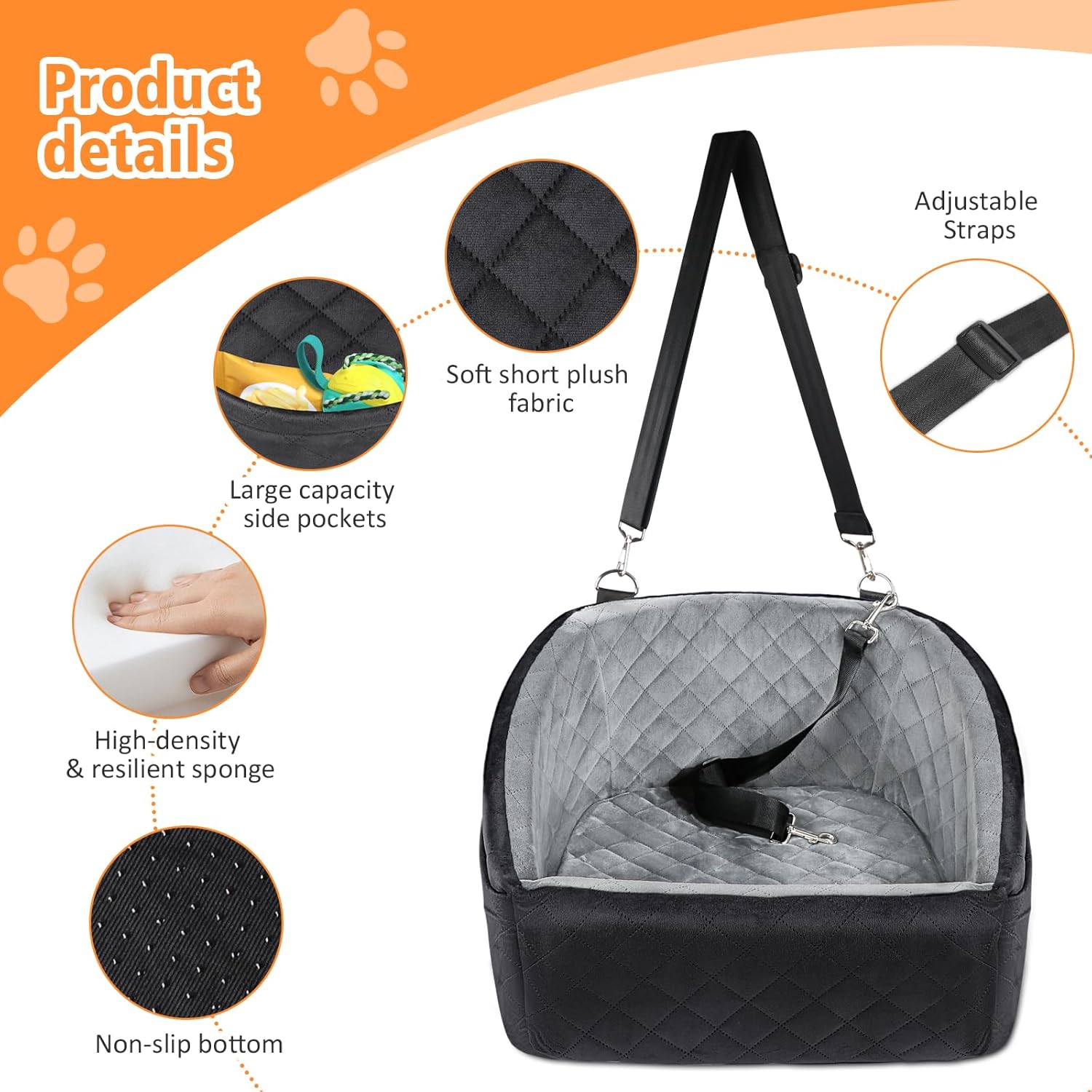 Dog Car Seat for Small Dogs,Detachable Washable Dog Booster Seat Under 30lbs, Pet Car Seat Travel Bed with Storage Pockets and Dog Safety Belt (Black/Grey)