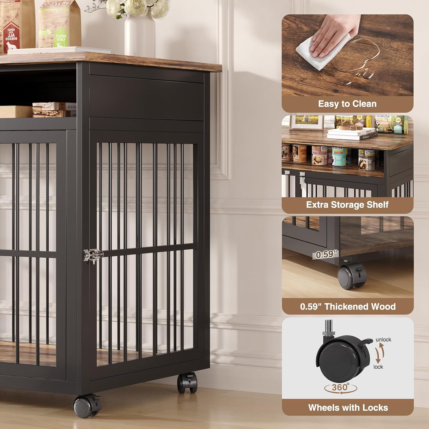 39.4" Dog Crate Furniture for Medium and Large Breed, Dog Kennel Furniture with Storage Shelf & Lockable Wheels, Heavy Duty Wooden End Side Table Pet Cage Indoor, Chew-Resistant, Brown