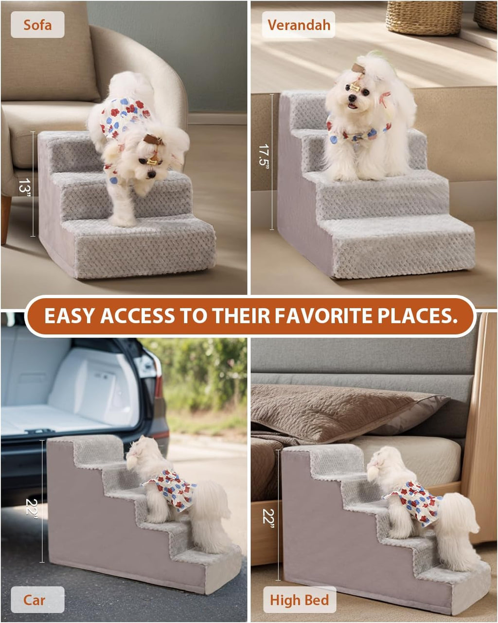 Dog Stairs for Small Dogs,17.5" H,4-Step Dog Steps for High Bed Couch and Sofa,Pet Stairs for Dogs and Cats Climbing with Non-Slip Bottom and Washable Cover,Light Grey