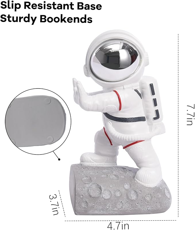 Space Theme Bookends - Astronaut Kids Book Stoppers, Heavy Duty Resin Bookends for Shelves (D-Silver Color)