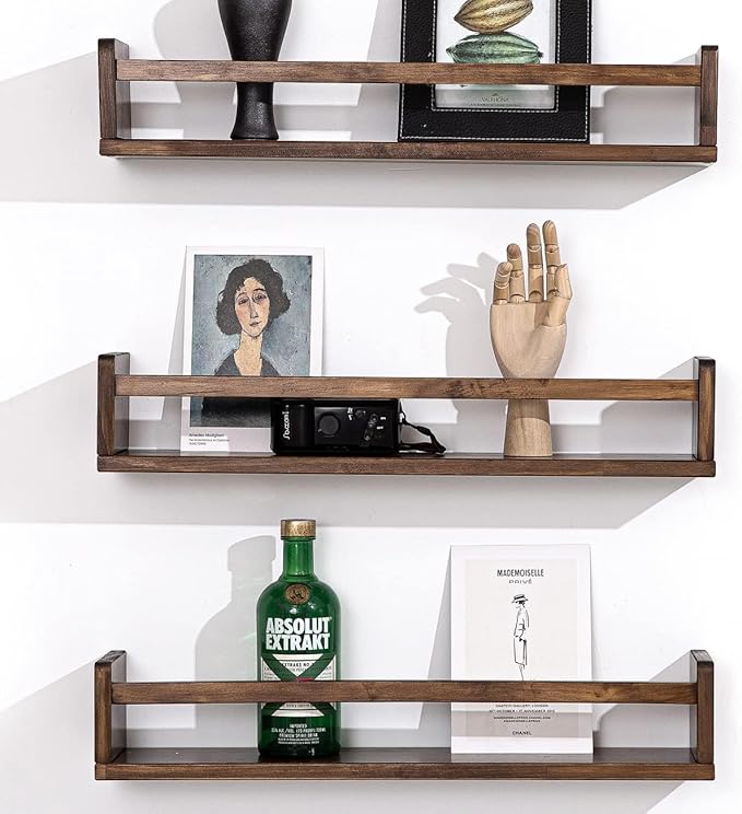 AZSKY Nursery Book Shelves 24 Inch Deep Walnut Floating Bookshelf for Kids Room Wall Mounted Floating Shelves Solid Nursery Bookshelf Perfect Decor for Kitchen Bedroom Living Room Set of 3