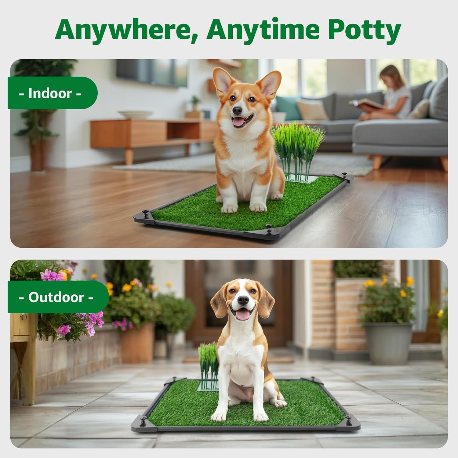Dog Grass Pad with Tray - 35''x23'' Dog Litter Box Indoor Outdoor Full Potty System, Artificial Grass Patch Mat and Washable Pee Pad for Puppy Training - Pet Toilet for Balcony Patio