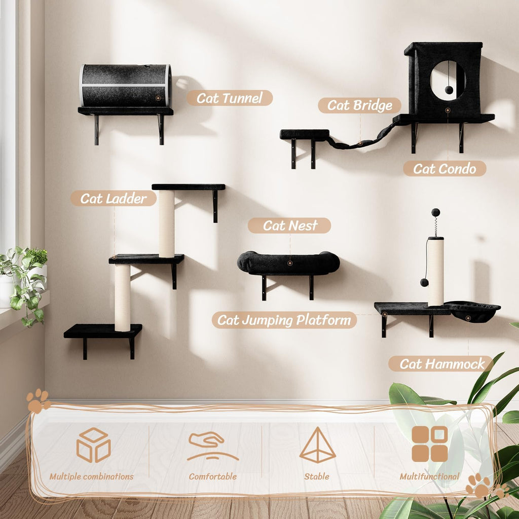 NUNU LAB Cat Wall Shelves Set, 7 Pcs Wall-Mounted Cat Climber with Cat House, Tunnel, Bridge, Scratching Post, Hammock, Wall Shelves, Black