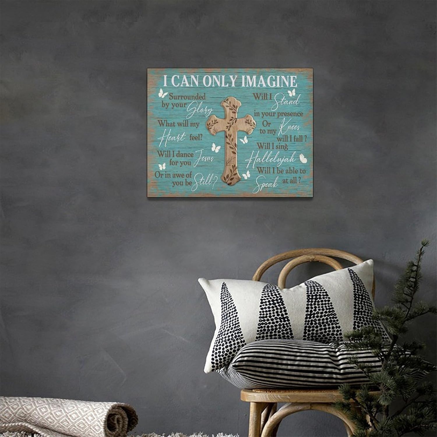 Rustic Christian Cross Wall Art I Can Only Imagine Pictures Farmhouse Butterfly Wall Decor Teal Motivational Canvas Print Painting Artwork for Bathroom Living Room Bedroom 12"x16"