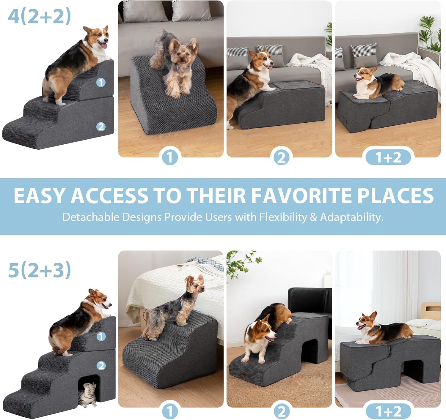 Dog Stairs for High Beds, 4-Step Dog Steps for Small Dogs and Cats, Foldable Pet Stairs for High Bed Climbing, Non-Slip Balanced Pet Step Indoor, Dark Grey