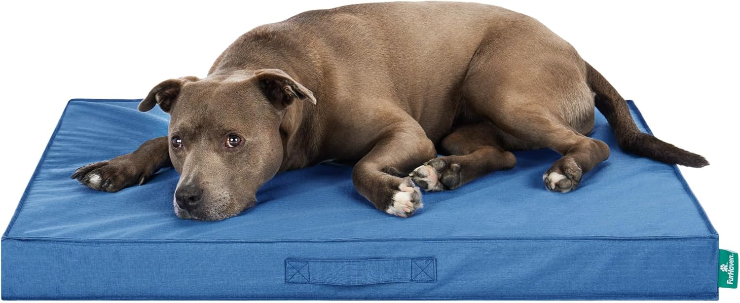 FurHaven Cooling Dog Bed – Large Foam Mattress for Joint Pain Relief, Waterproof Liner, Removable Washable Cover, Durable for Outdoor Use, Deluxe Grid Indoor/Outdoor Bed – Blue, Large