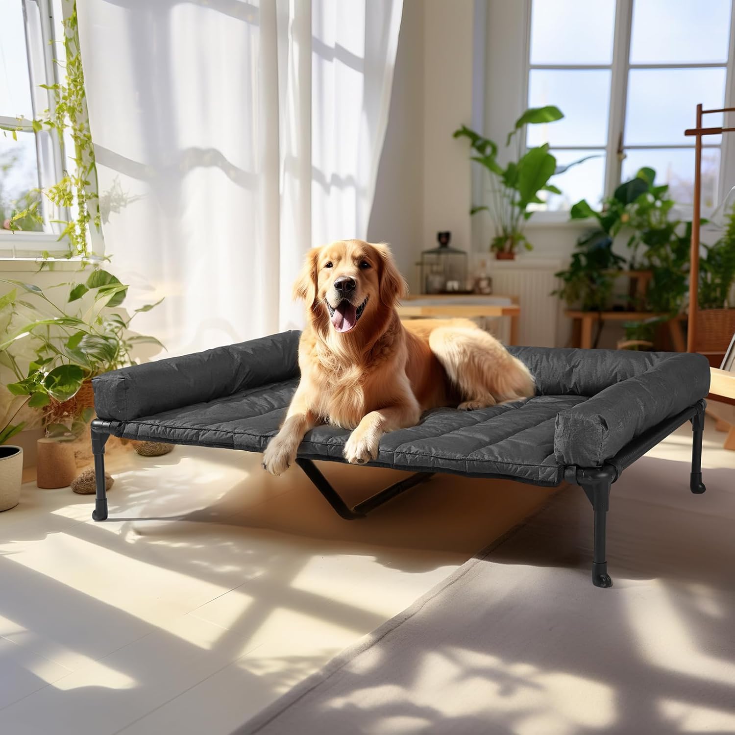 Veehoo Cooling Elevated Dog Bed Add Removable Waterproof Bolster Cushion Mat, Raised Pet Cot with Breathable Teslin Mesh, No-Slip Feet, Dog Sofa Bed for Indoor Outdoor, XLarge, Black CWC2331B