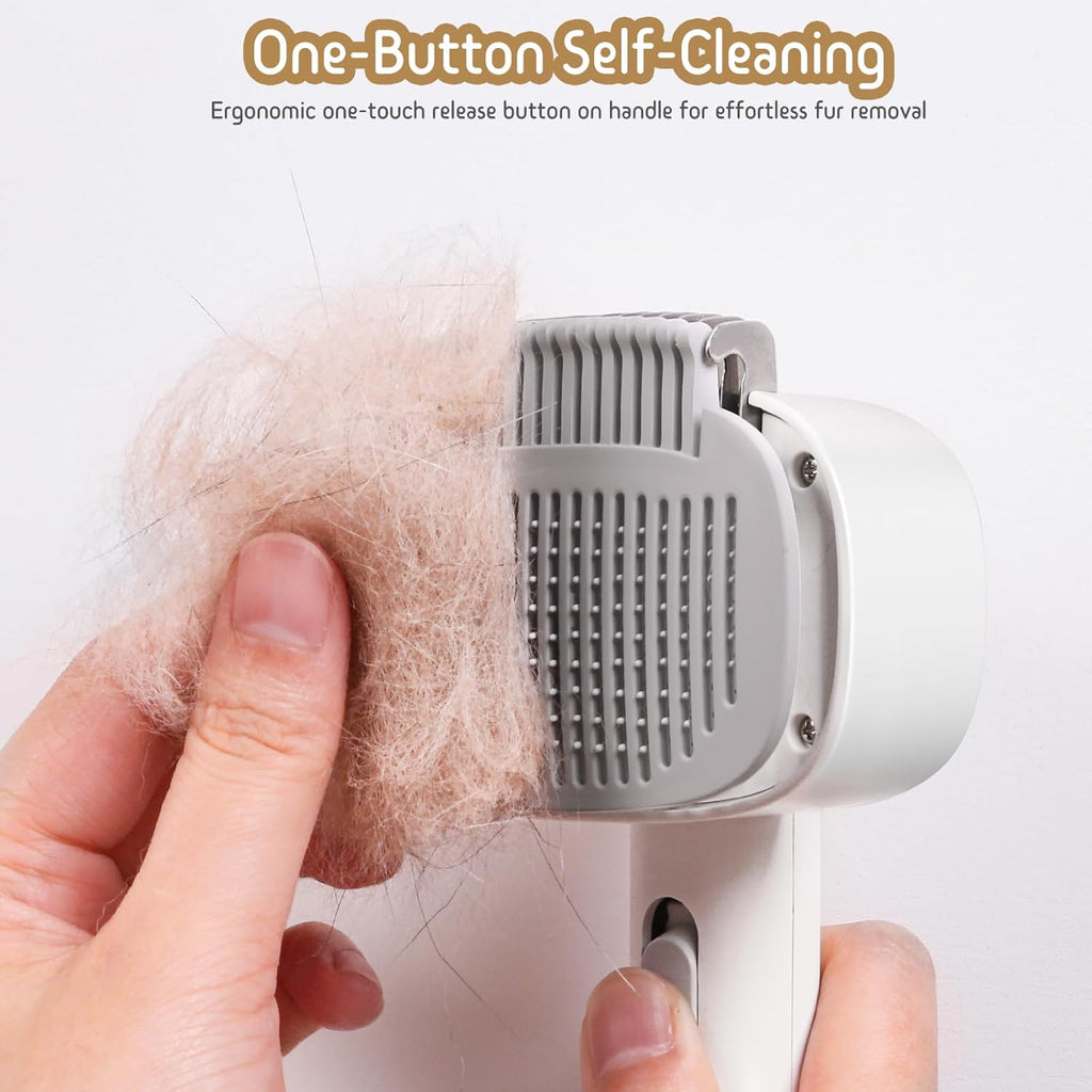 Self Cleaning Slicker Brush, 2-in-1 Cat Brush for Shedding, Skin Friendly Grooming Tool for Long & Medium-Long Hair Pets, Adjustable Bristle Length with Dematting Comb for Cats, Dogs
