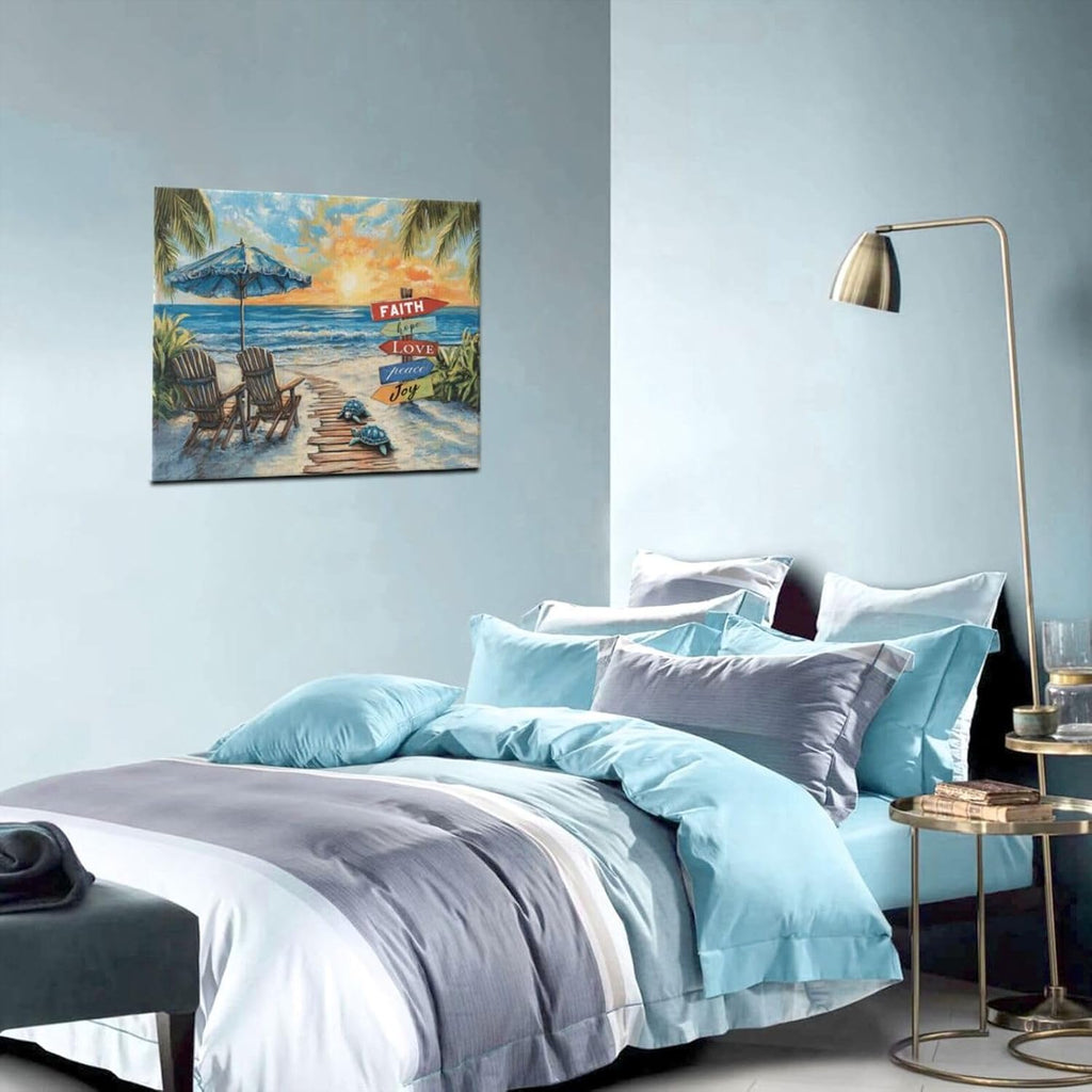 Beach Ocean Bathroom Pictures Wall Art, Seaside Coastal Bathroom Wall Decor, Sunrise Framed Painting Canvas Artwork for Bedroom Living Room Decorations 24"L x 20"W