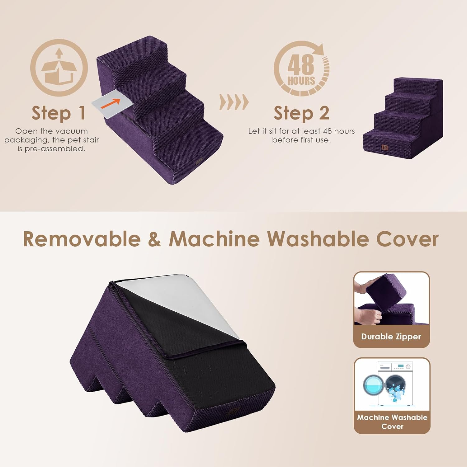 EHEYCIGA Dog Stairs for Bed 18" H, 4-Step Dog Steps for High Bed, Pet Steps for Small Dogs and Cats, Non-Slip Balanced Pet Ramp Indoor, Purple