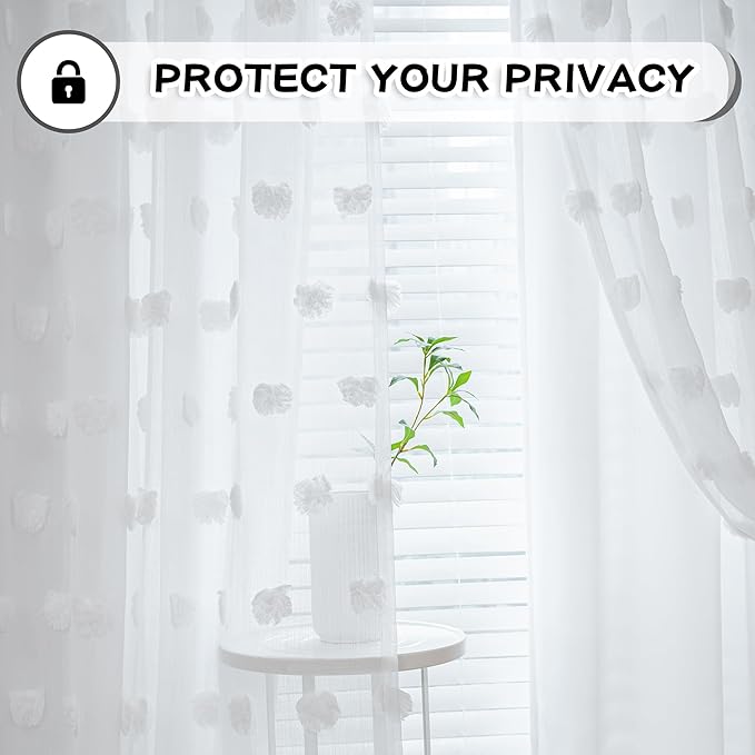 MYSKY HOME Light Blocking White Curtains for Living Room White Sheer Pom Pom Kids Room Decor Drapes 102 Inches Long Double Layer Curtain for Sliding Door Grommet Window Panels Set of 2 52" x 102"