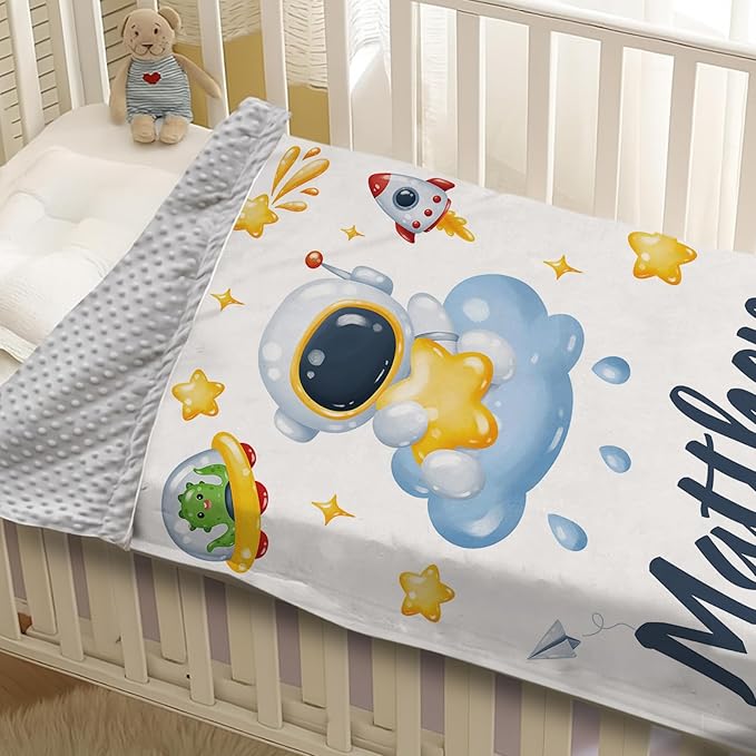 Personalized Baby Blanket with Name, Custom Space Astronaut Theme Blanket for Kids, Soft Flannel Bed Throw Blanket Swaddle for Newborn, Customizable Baby Gift & Nursery Blanket(30”x40)