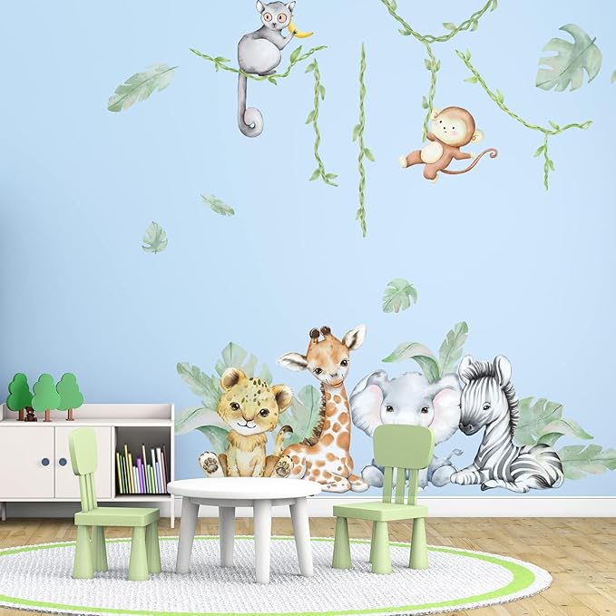 59.05x53.14 Inch Woodland Animals Wall Decals Forest Animal Wall Decal Elephant Zebra Monkey Giraffe Nursery Decor for Home Baby Room Decorations Boys Girls Bedroom