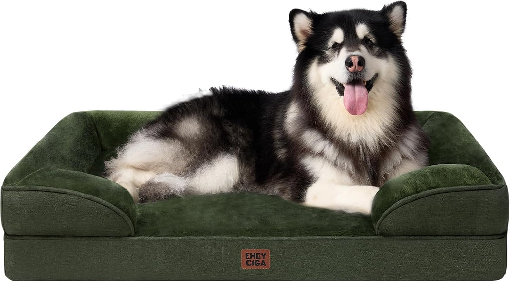 EHEYCIGA Orthopedic Dog Beds for Extra Large Dogs, Waterproof Memory Foam XXL Dog Bed with Sides, Non-Slip Bottom and Egg-Crate Foam Big Pet Couch Bed with Washable Removable Cover, Dark Green