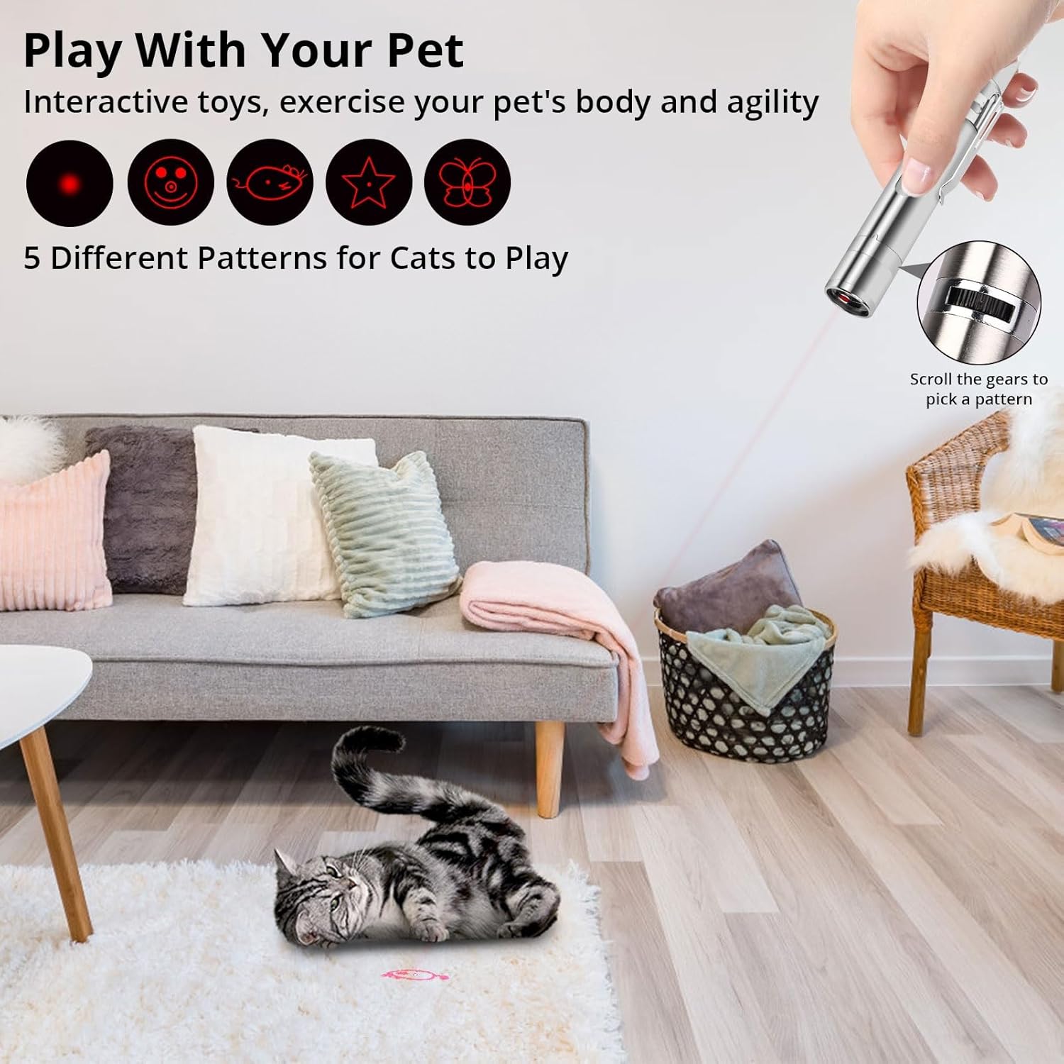 Cat Toy Pointer for Indoor Cats, USB Rechargeable Kitten Toys with 7 Adjustable Patterns, Interactive Chase Toys for Indoor Cats & Dogs, Training & Exercise Fun