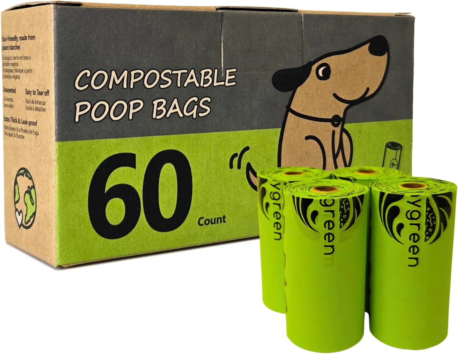 60 Count Compostable Dog Poop Bags, Extra Thick, Leak Proof, Unscented, Eco-Friendly, 9 x 13 Inches